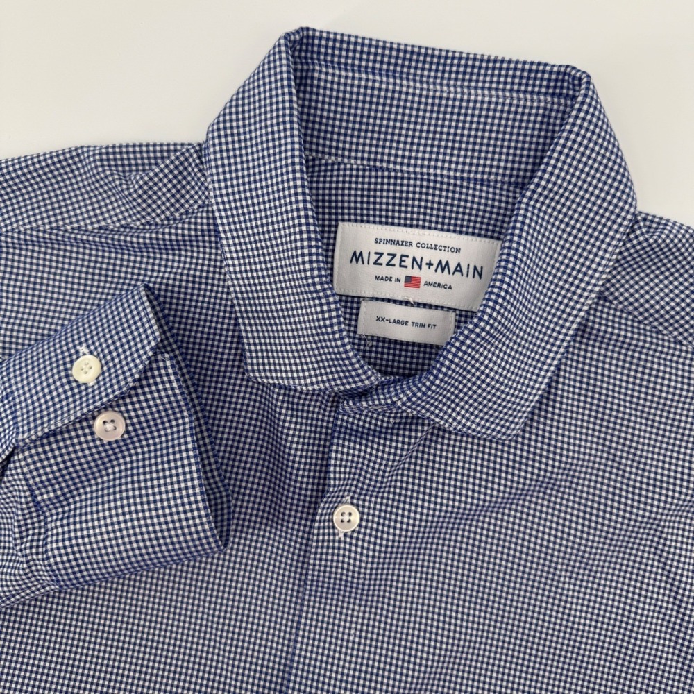 Mizzen+Main Spinnaxer Shirt Mens‎ XXL Blue Gingham Trim Fit Performance Stretch